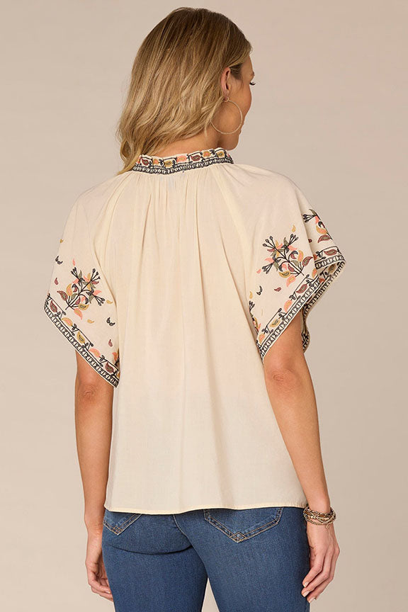 Embroidered Batwing Sleeve Split Neck Top