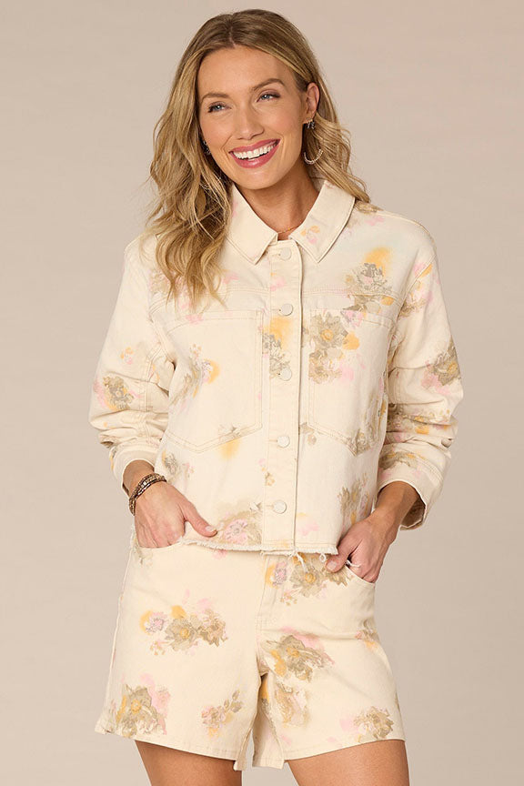 Button Down Floral Woven Jacket with Ruched Sleeves