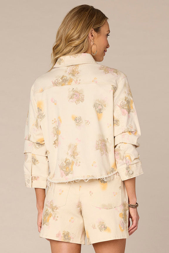 Button Down Floral Woven Jacket with Ruched Sleeves