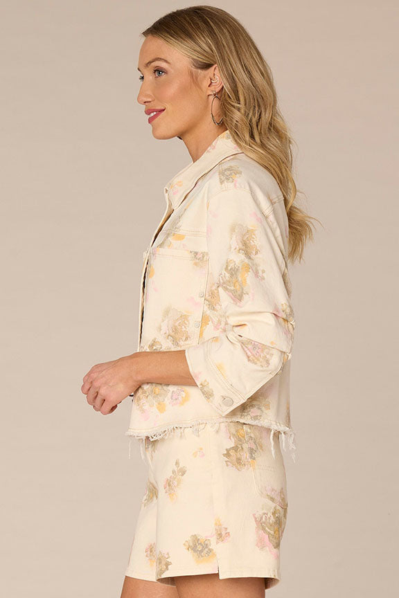 Button Down Floral Woven Jacket with Ruched Sleeves