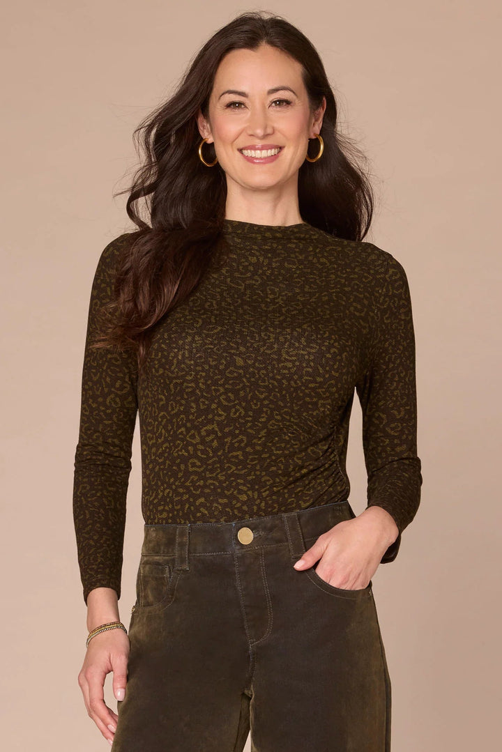 Long Sleeve Mock Neck Animal Print Top in Olive