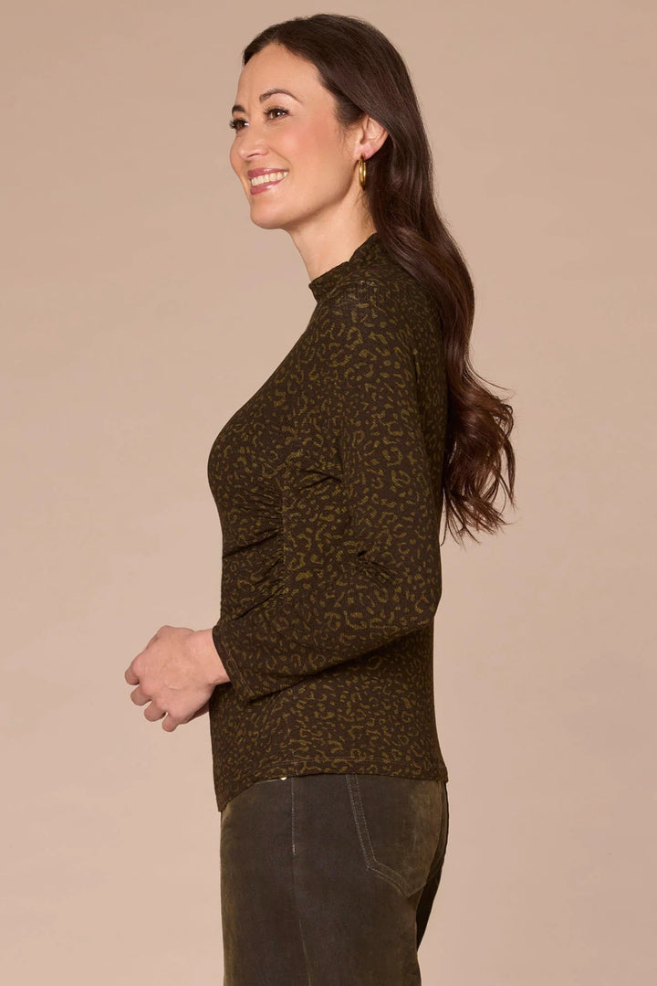 Long Sleeve Mock Neck Animal Print Top in Olive