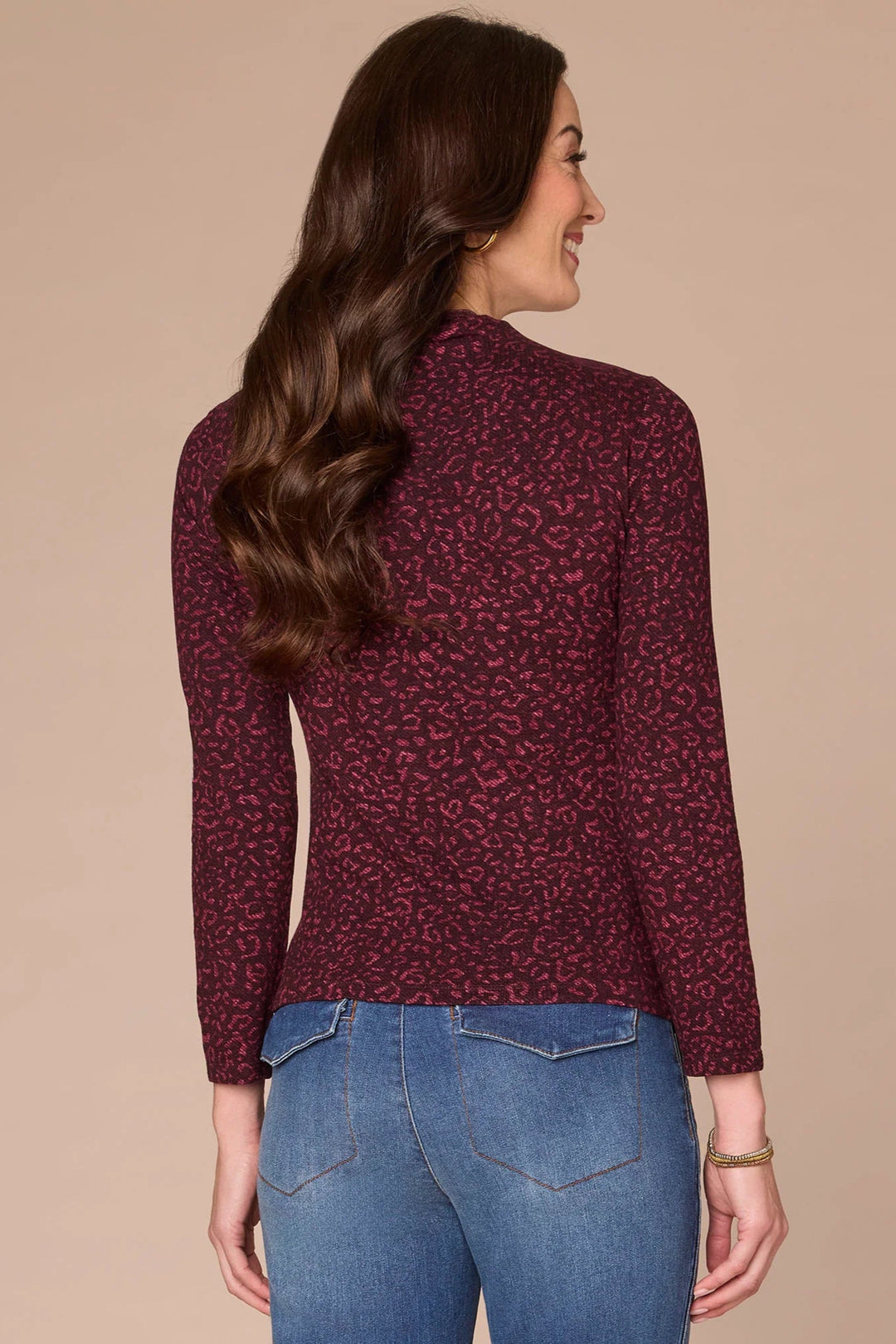 Long Sleeve Mock Neck Animal Print Top in Wine
