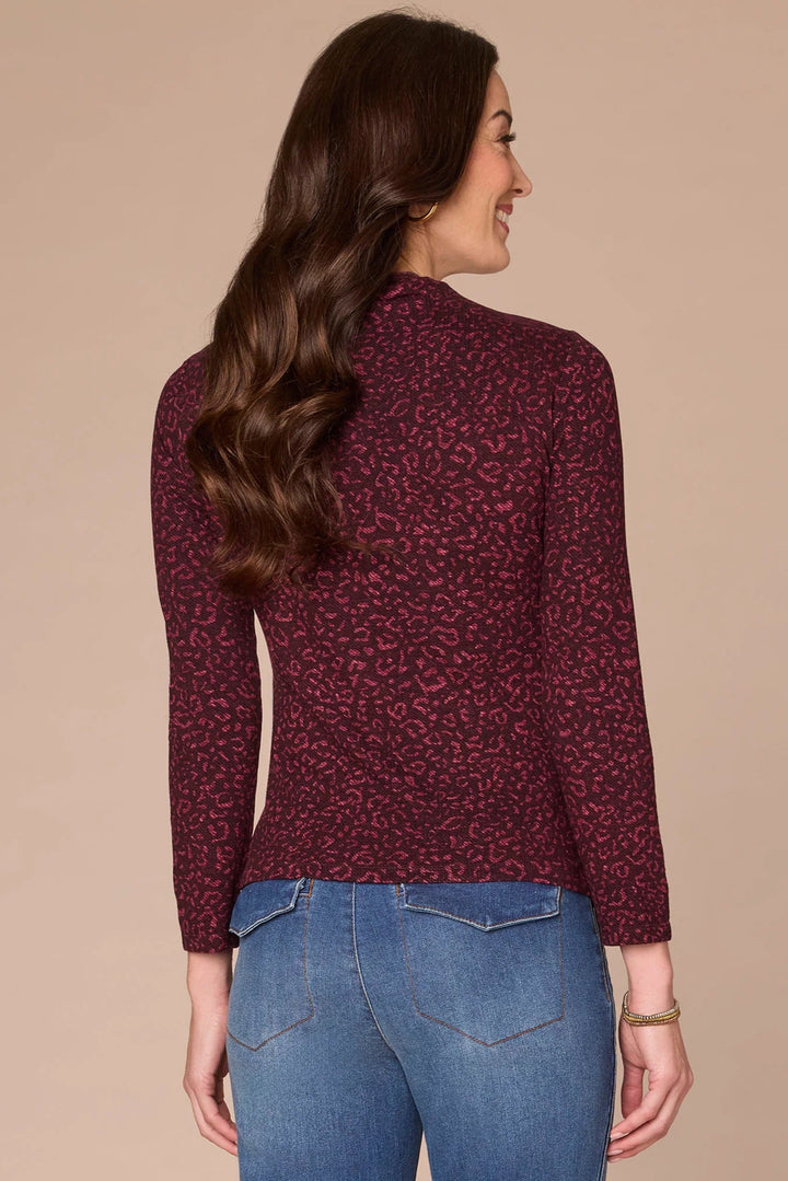 Long Sleeve Mock Neck Animal Print Top in Wine