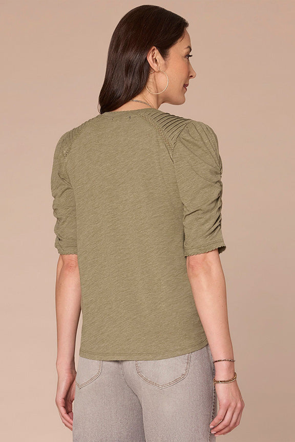 V-Neck Knit Top with Elbow Ruched Puff Sleeve