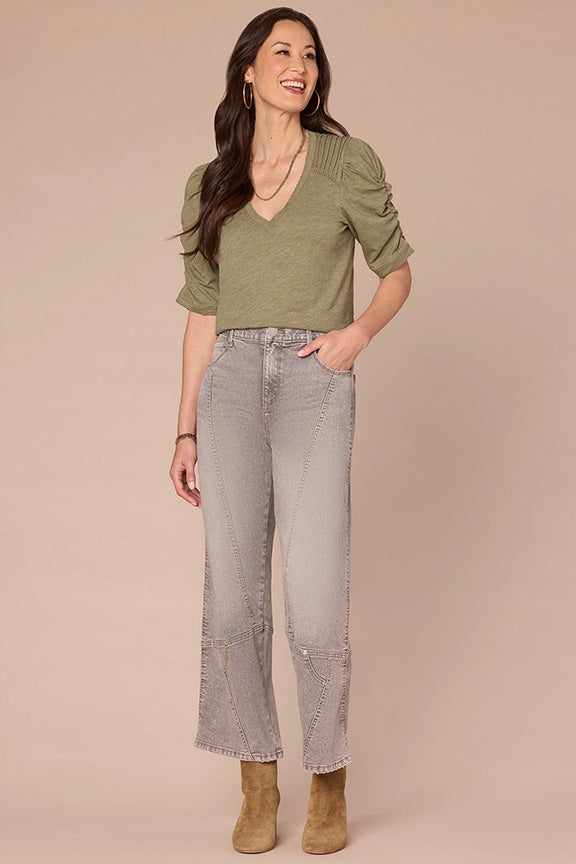 V-Neck Knit Top with Elbow Ruched Puff Sleeve