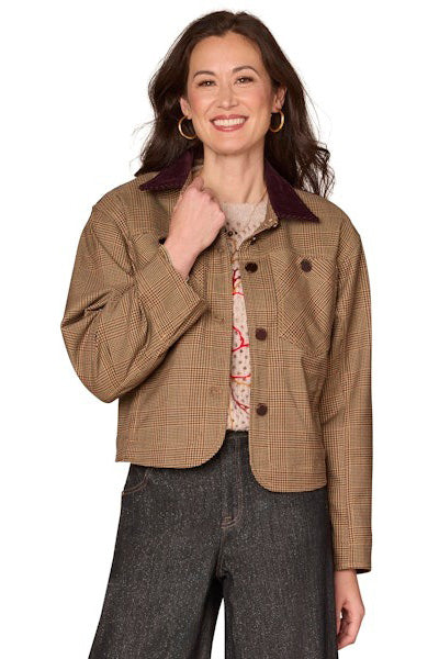 Houndstooth Plaid Jacket with Corduroy Collar