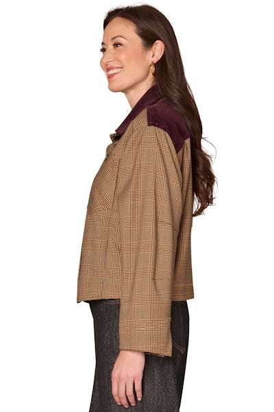 Houndstooth Plaid Jacket with Corduroy Collar