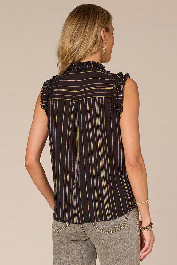 Sleeveless Ruched Stand Collar Top in Black