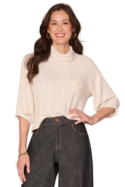 Mock Neck Top with 3/4 Sleeve in Heather Cream