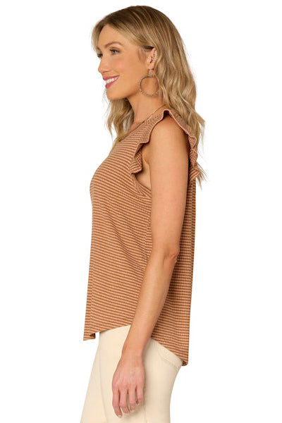 Striped knit top with ruffle cap sleeve