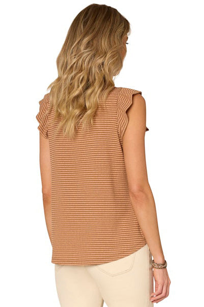 Striped knit top with ruffle cap sleeve