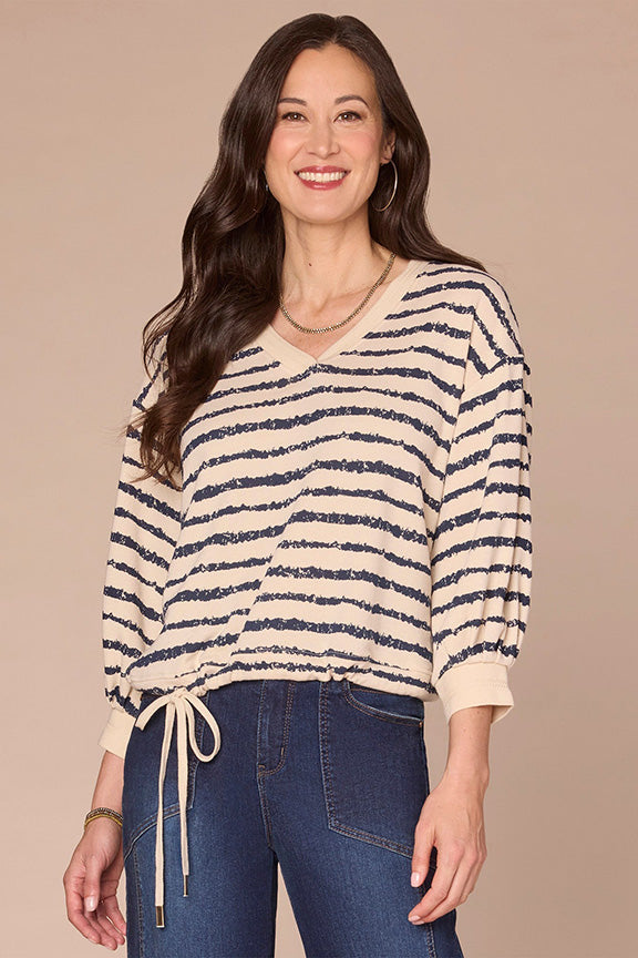 Striped 3/4 Sleeve V-Neck Knit Top