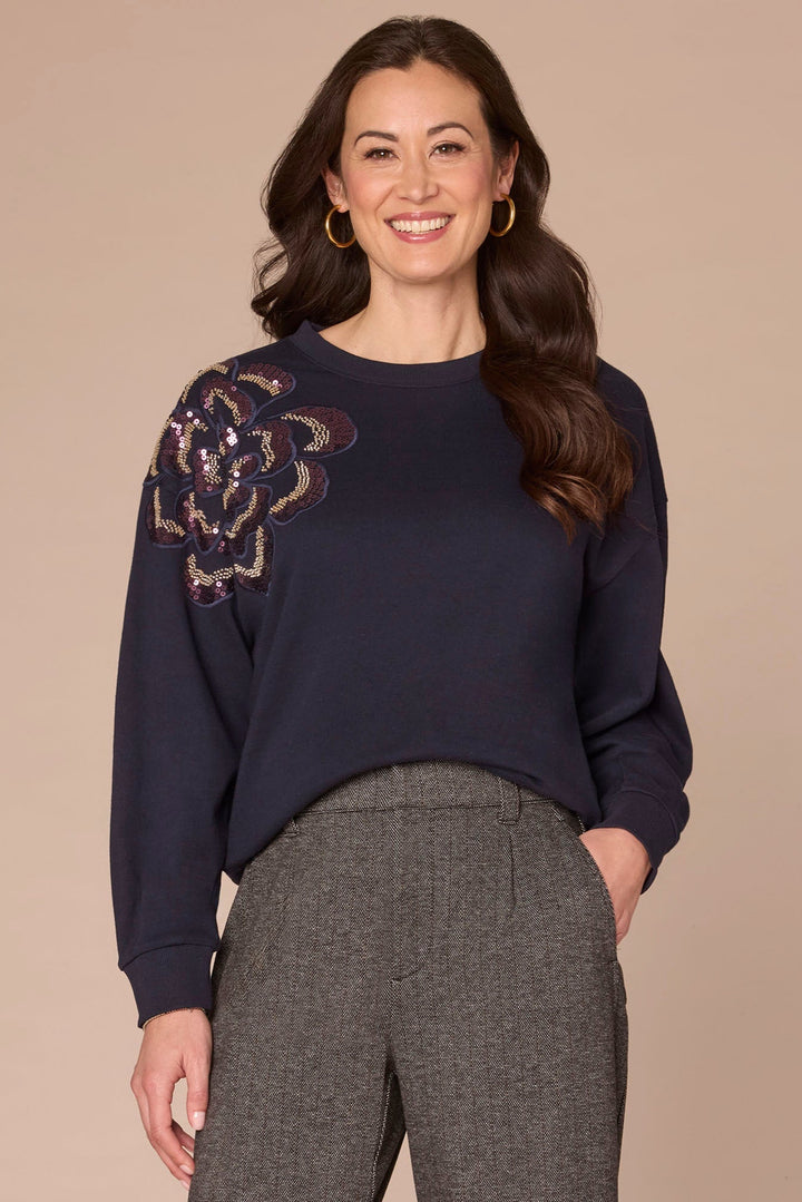 Beaded Floral Crew Neck Sweatshirt