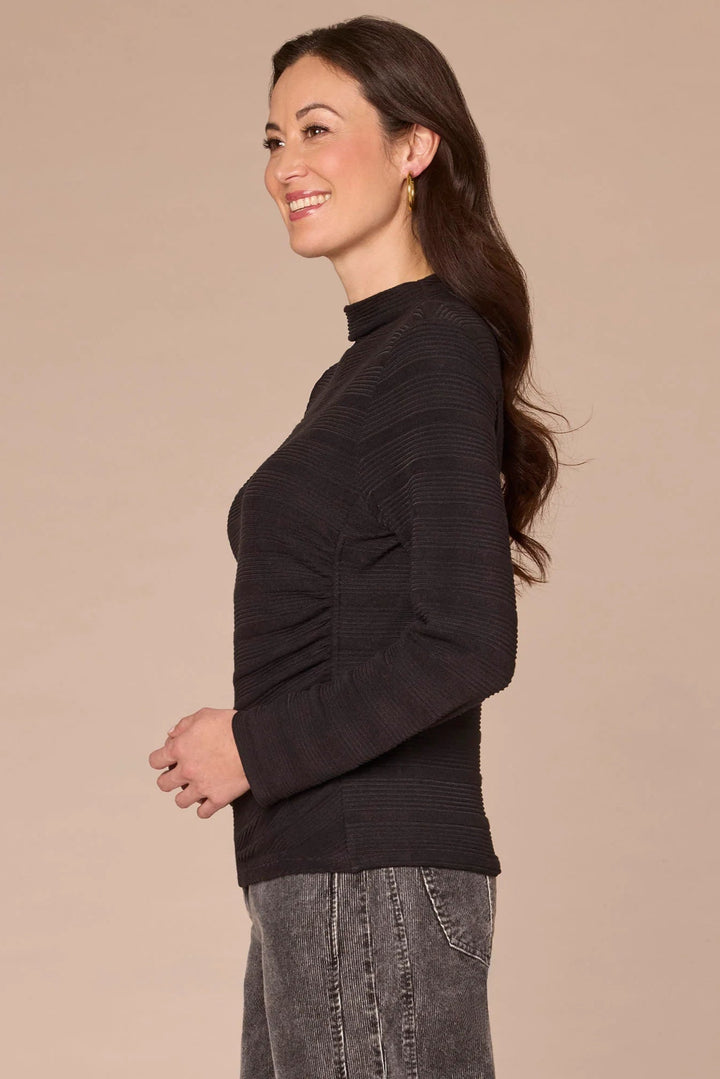 Long Sleeve Mock Neck Top with Ruching in Black