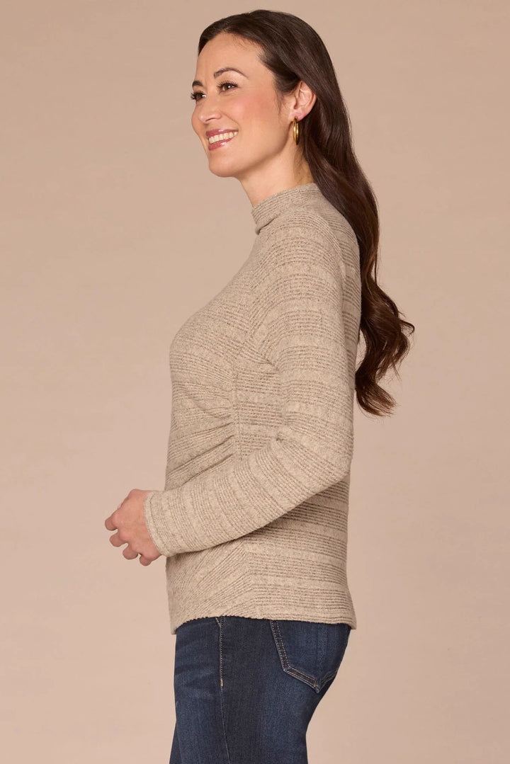 Long Sleeve Mock Neck Top with Ruching in Heather Taupe