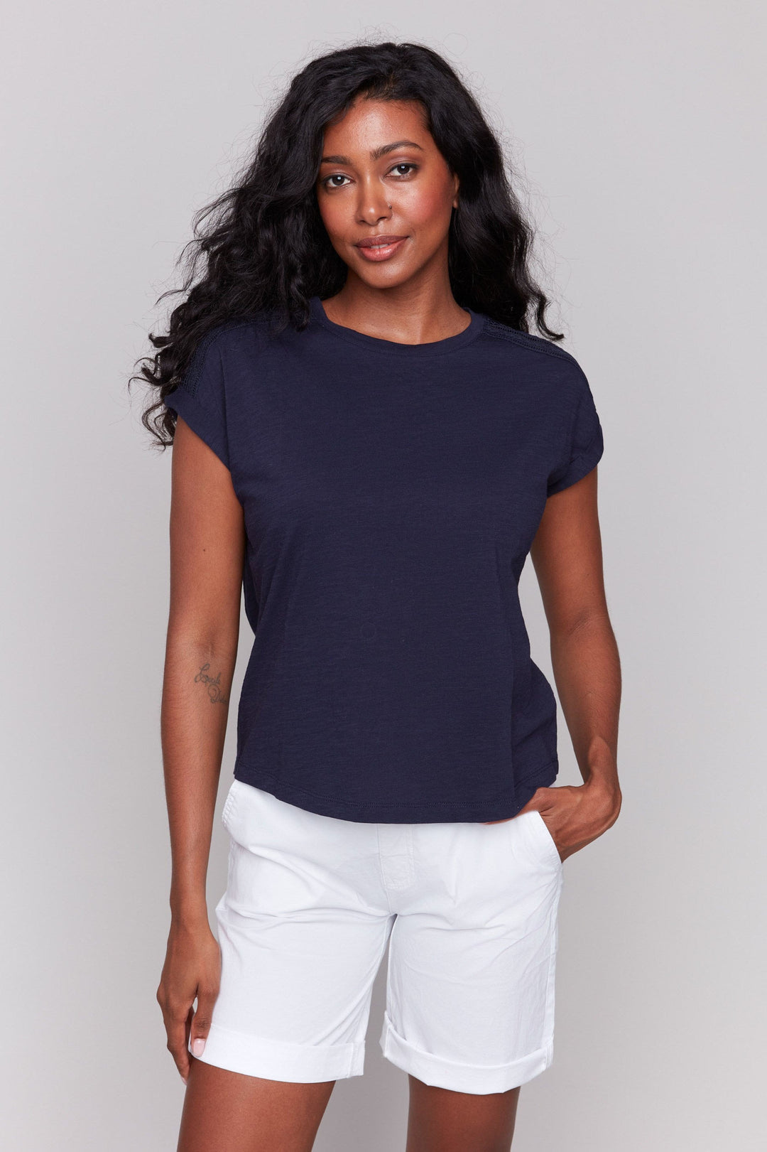 Drop Shoulder Tee with Lace in Navy