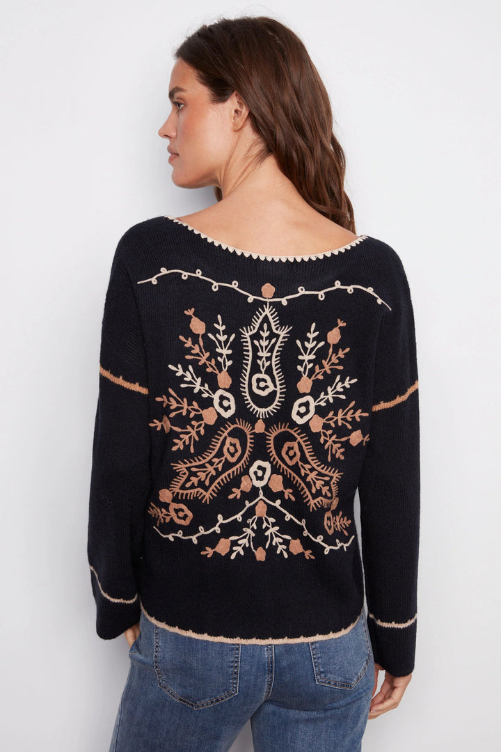 Embroidered Notch Neck Sweater