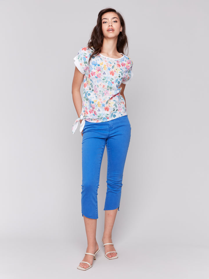 Printed Linen Top w/ Side Tie - Flowers