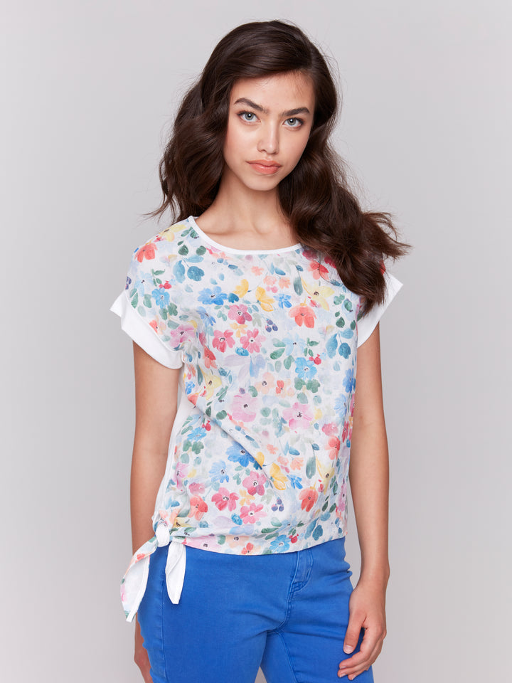 Printed Linen Top w/ Side Tie - Flowers