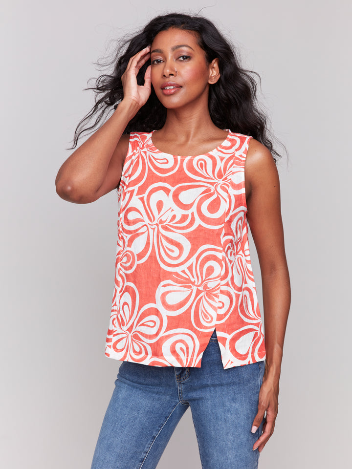 Printed Sleeveless Linen Top - Coral