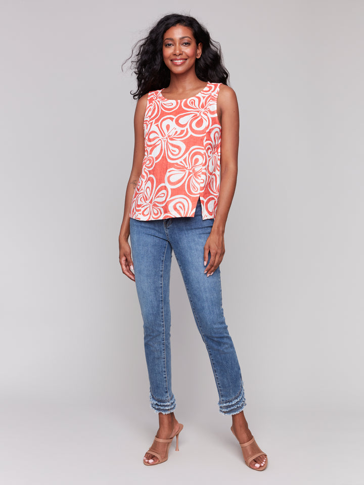 Printed Sleeveless Linen Top - Coral