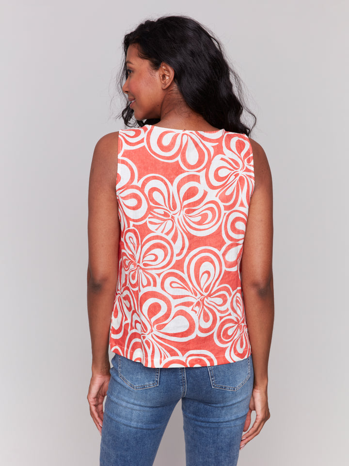 Printed Sleeveless Linen Top - Coral