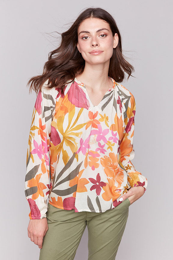 Floral Printed Long Sleeve popover Blouse