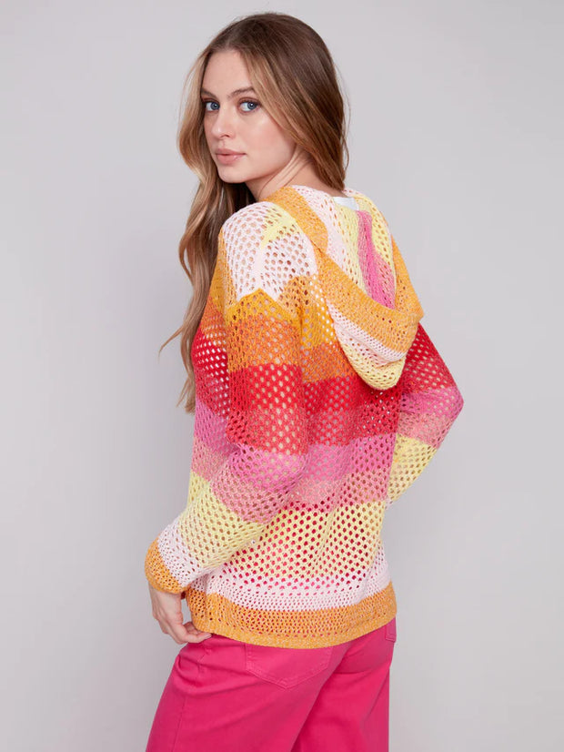 Striped Fishnet Crochet Hoodie Sweater