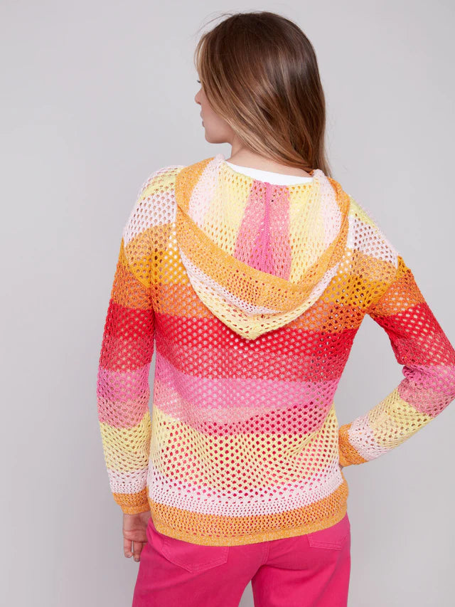 Striped Fishnet Crochet Hoodie Sweater