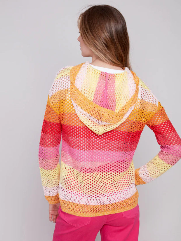 Striped Fishnet Crochet Hoodie Sweater