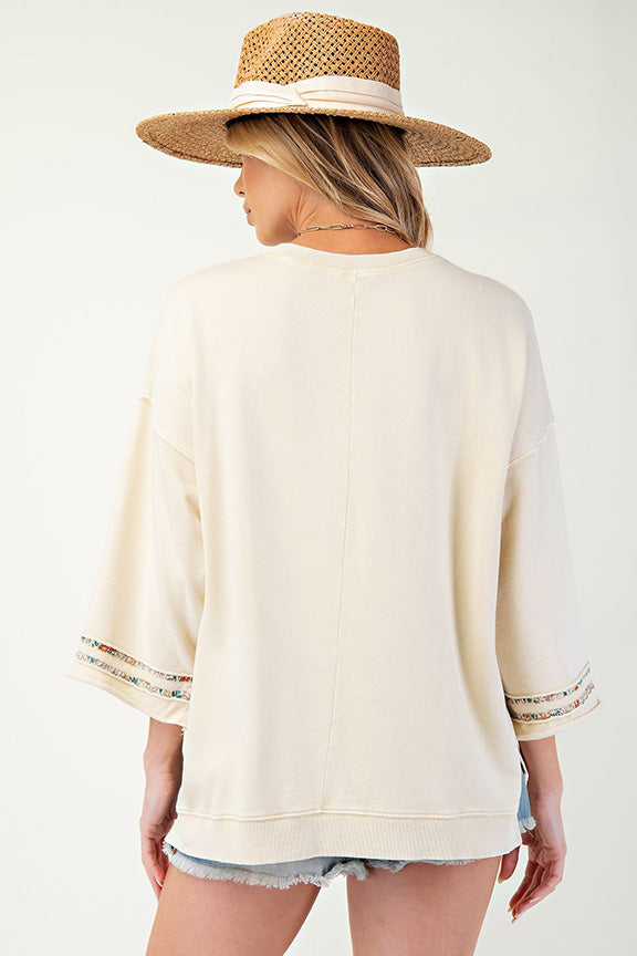 Washed Terry Floral Peace Sign Pullover in Beige