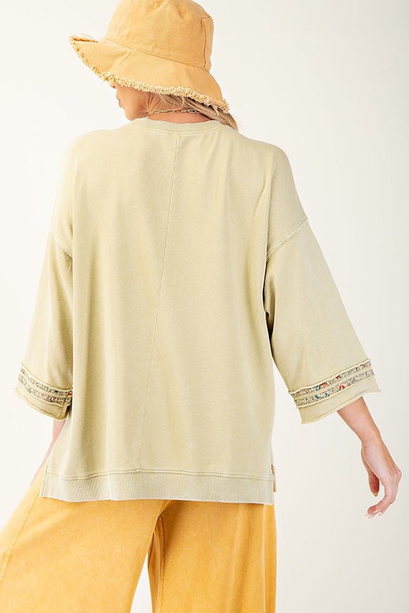 Washed Terry Floral Peace Sign Pullover in Sage