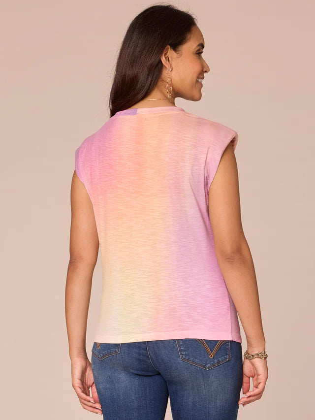 Extended Cap Sleeve Crew Neck Side Pleated Placement Print Knit Top