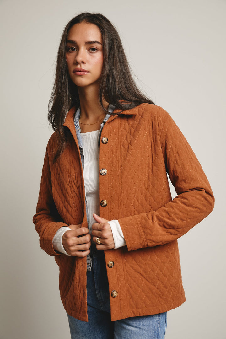 Diamond Quilted Corduroy Button Up Jacket in Chestnut