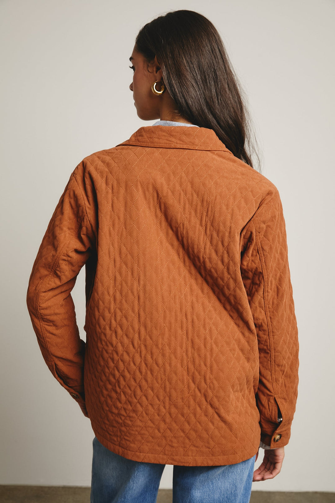 Diamond Quilted Corduroy Button Up Jacket in Chestnut