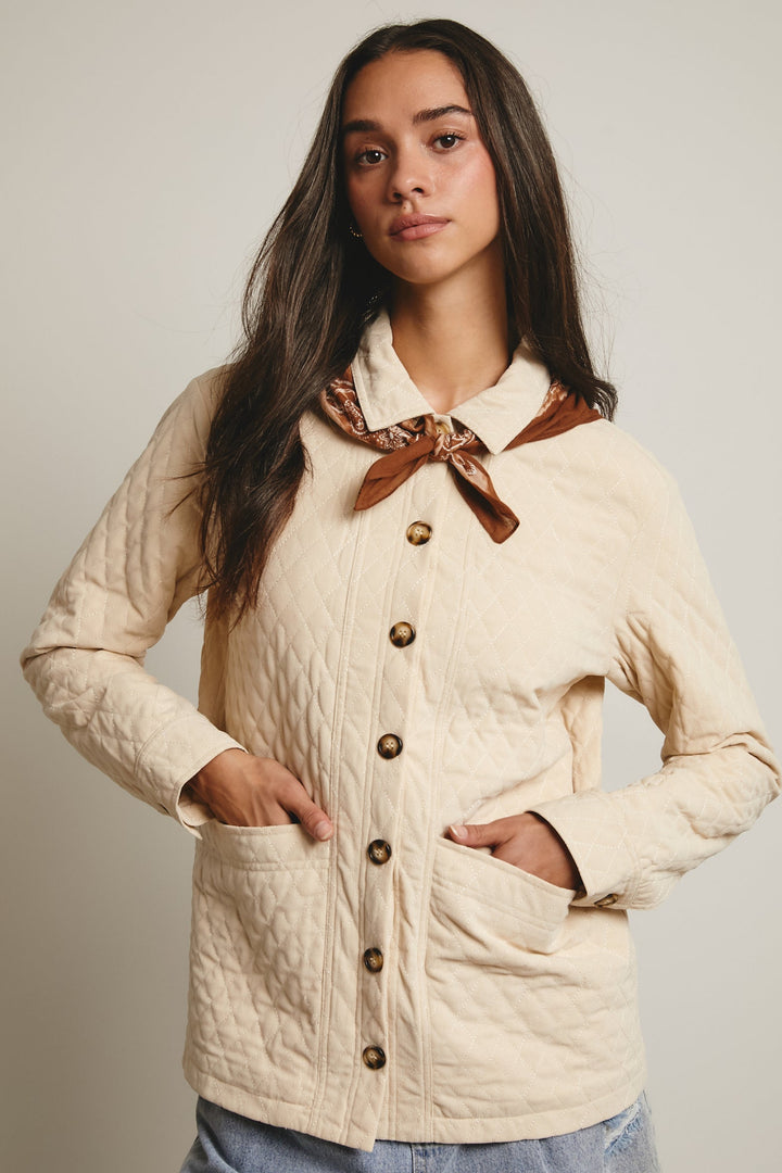 Diamond Quilted Corduroy Button Up Jacket in Ecru