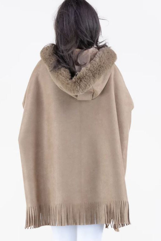 Faux Suede and Fur Trim Hooded Cape in Camel