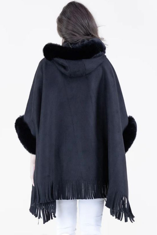 Faux Suede and Fur Trim Hooded Cape in Black
