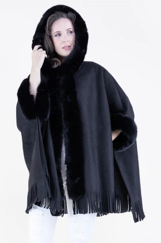 Faux Suede and Fur Trim Hooded Cape in Black