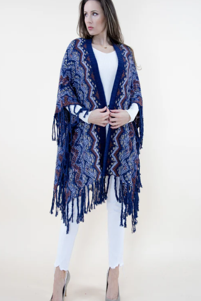 Knitted Kimono Shawl with Fringe