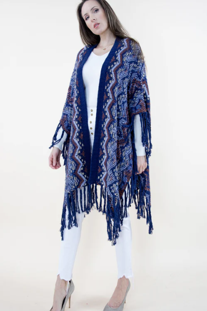 Knitted Kimono Shawl with Fringe