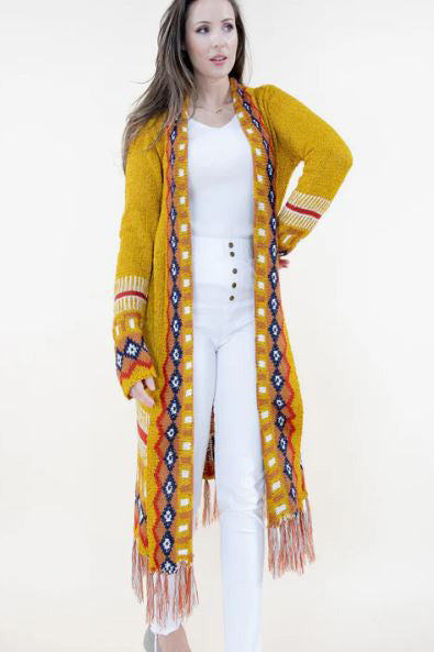 Tribal Cardigan with Fringe in Mustard