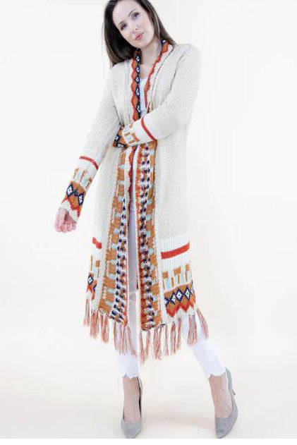 Tribal Cardigan with Fringe in Beige