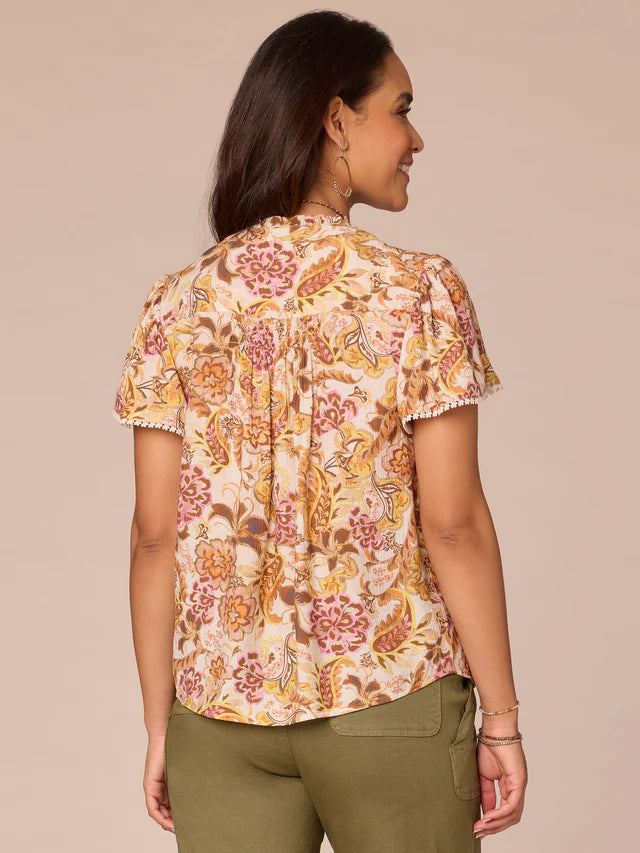 Flounce Sleeve Stand Collar Button Down Printed Petite Woven Top