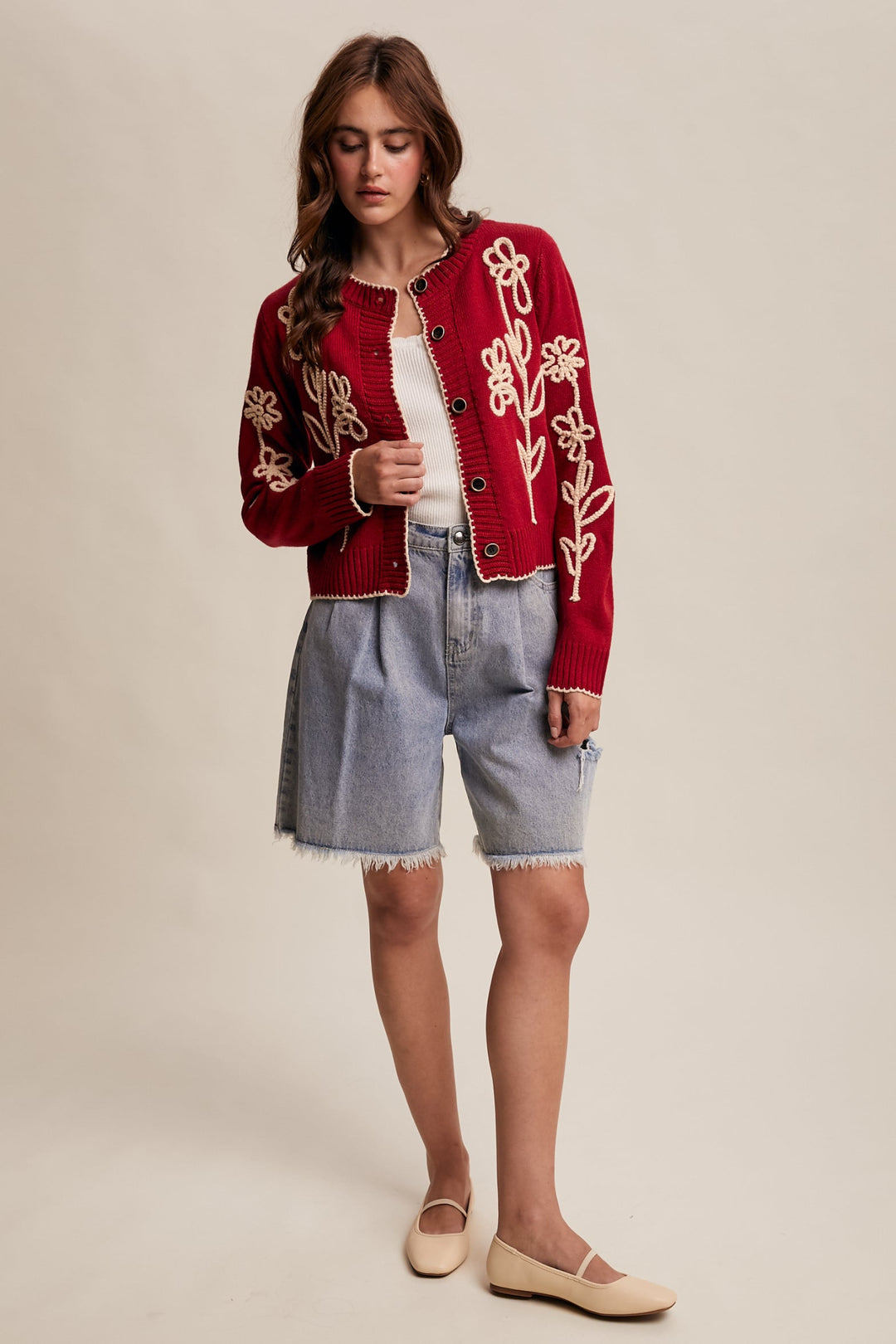 Embroidered Floral Knit Cardigan in Red