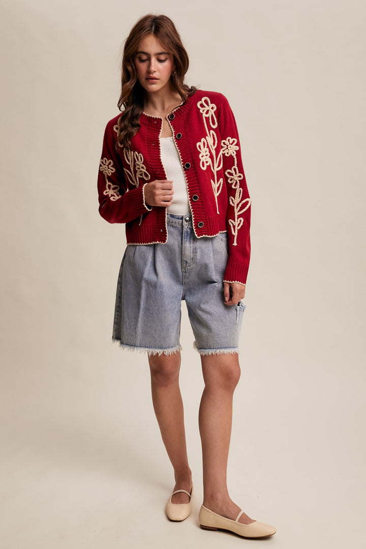 Embroidered Floral Knit Cardigan in Red