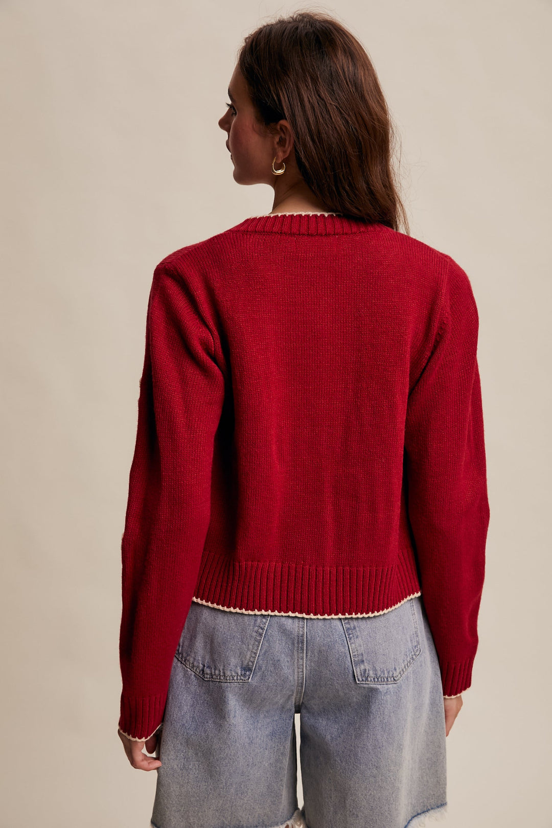 Embroidered Floral Knit Cardigan in Red