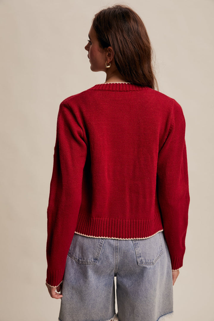 Embroidered Floral Knit Cardigan in Red