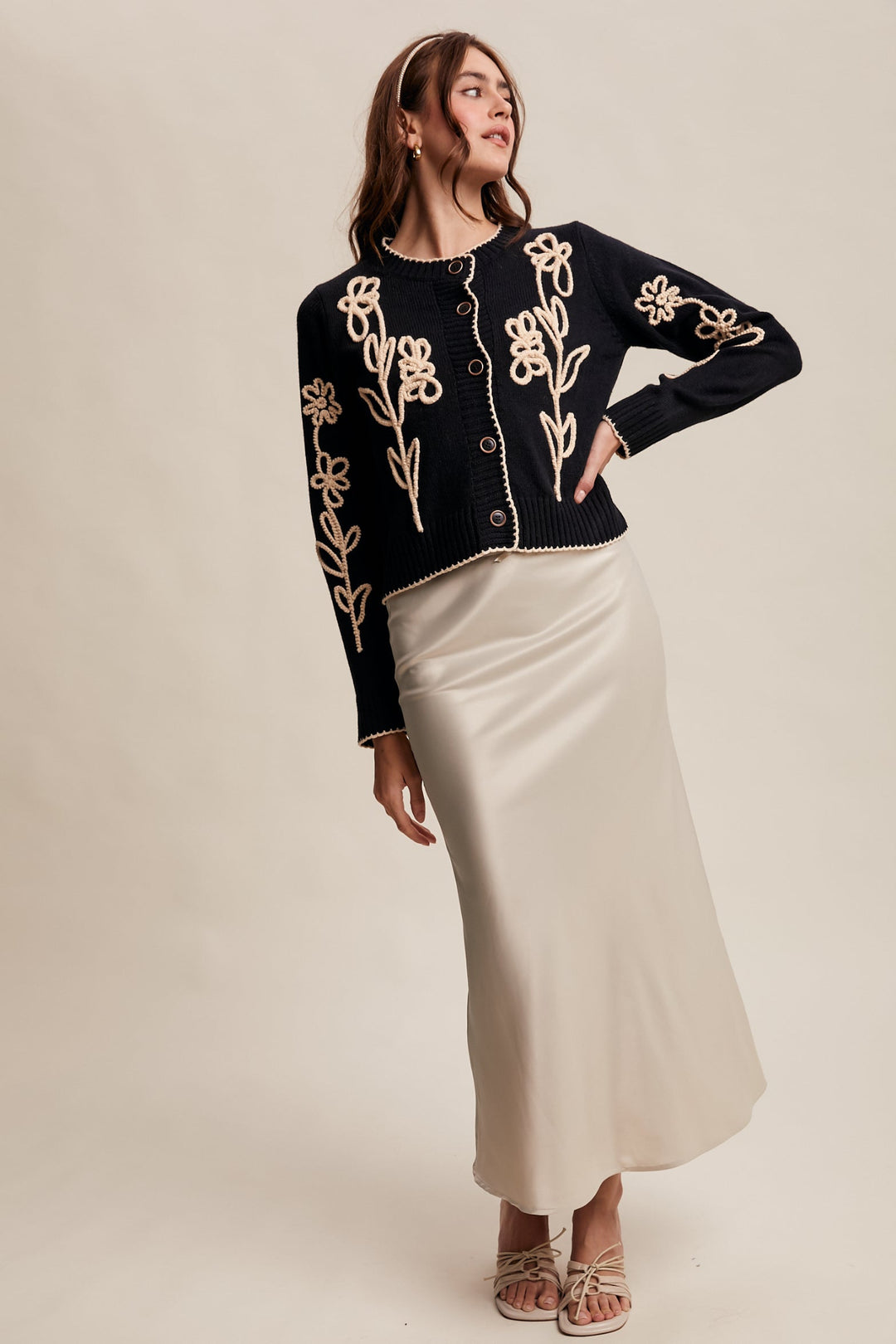 Embroidered Floral Knit Cardigan in Black